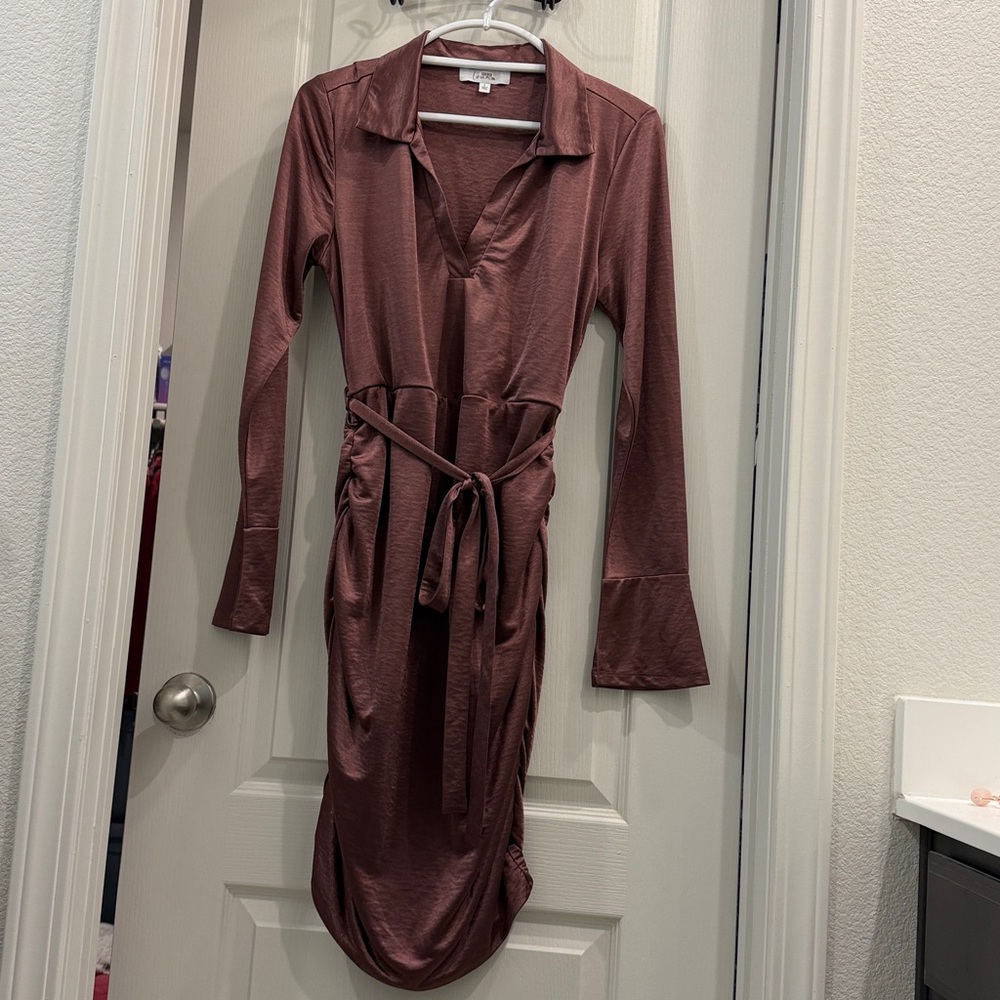 🧋Elegant Mauve Long-Sleeve Dress with Belt🧋